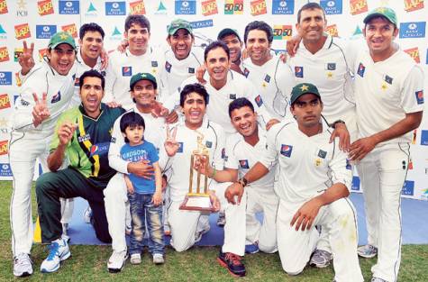 Pakistan Cricket Team with Trophy After Defeating England in Test Series in Dubai