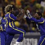 Sri Lankan players celebrate after defeating Australia to reach in the finals of Commonwealth Bank Series